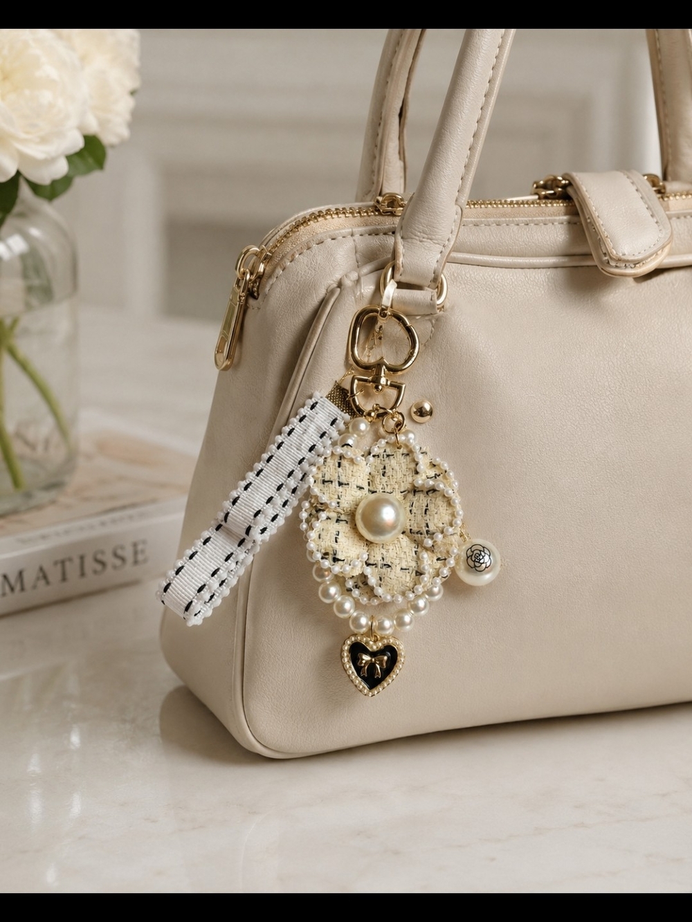 Pearl Tweed Heart Bag Charm - Cream and Gold